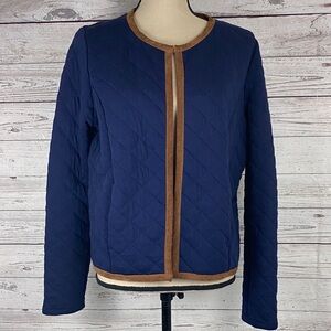 Vineyard Vines Navy Blue Quilted Jacket with Brown Leather Trim